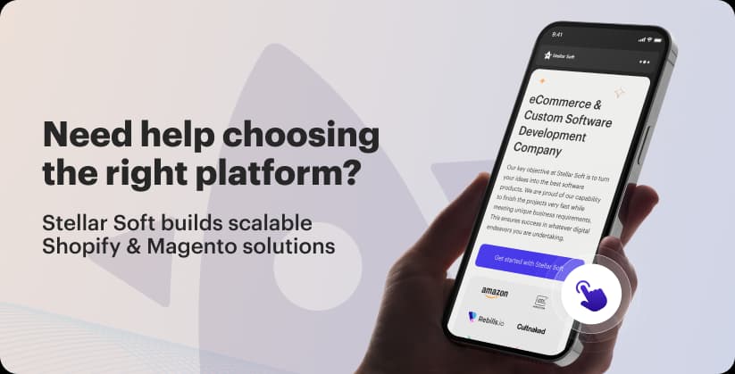 Hand holding smartphone with Stellar Soft webpage, offering Shopify and Magento solutions.