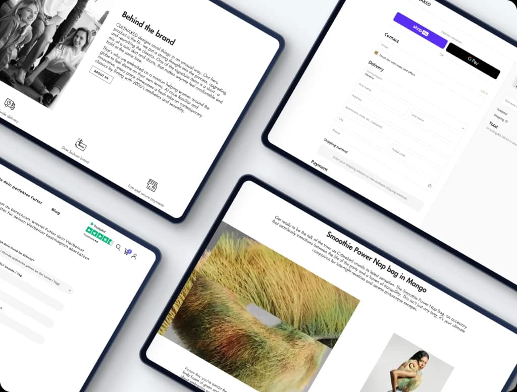 Tablets displaying various website pages, including a form and product descriptions.