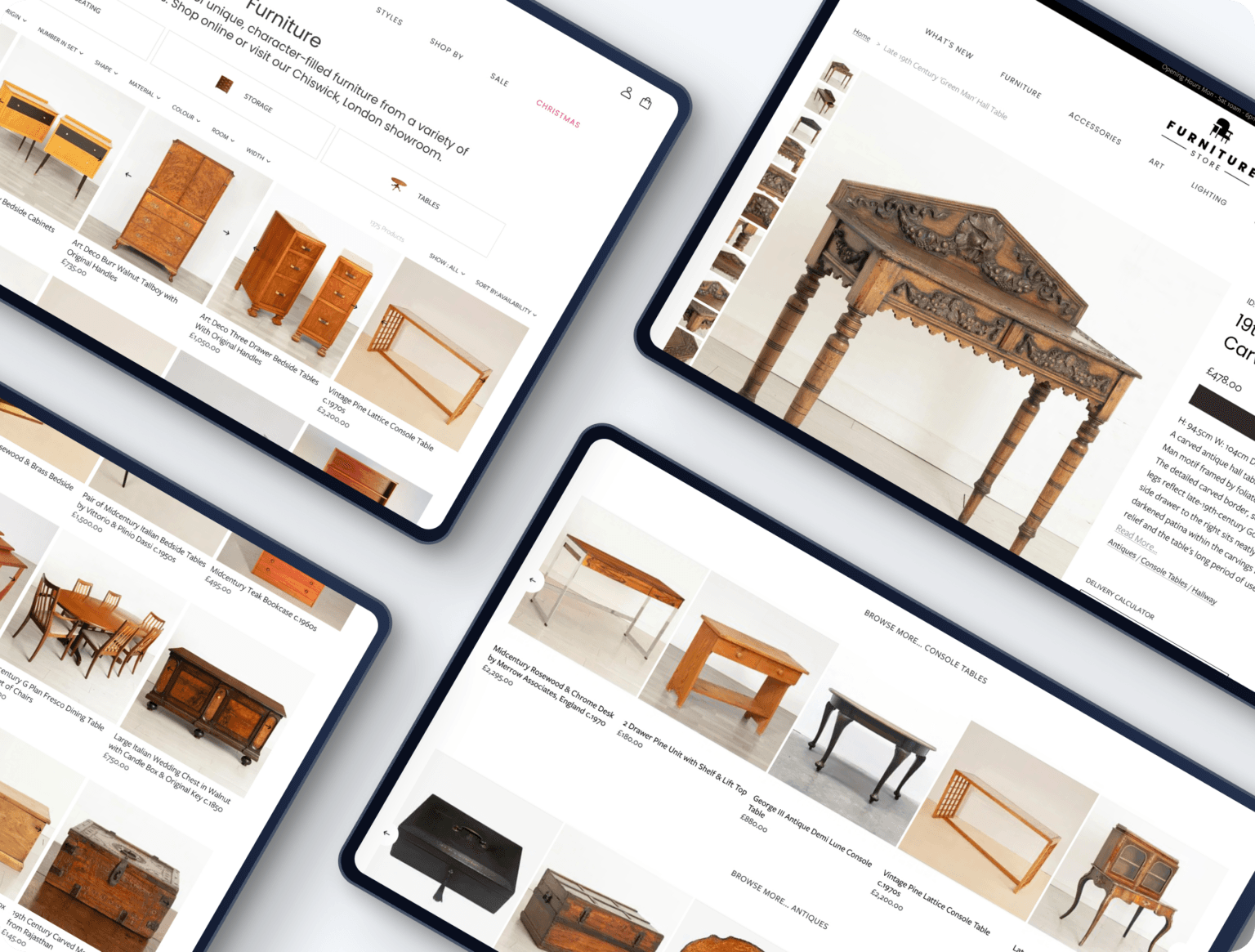 Online furniture store displaying vintage and classic wooden furniture collections on tablets.