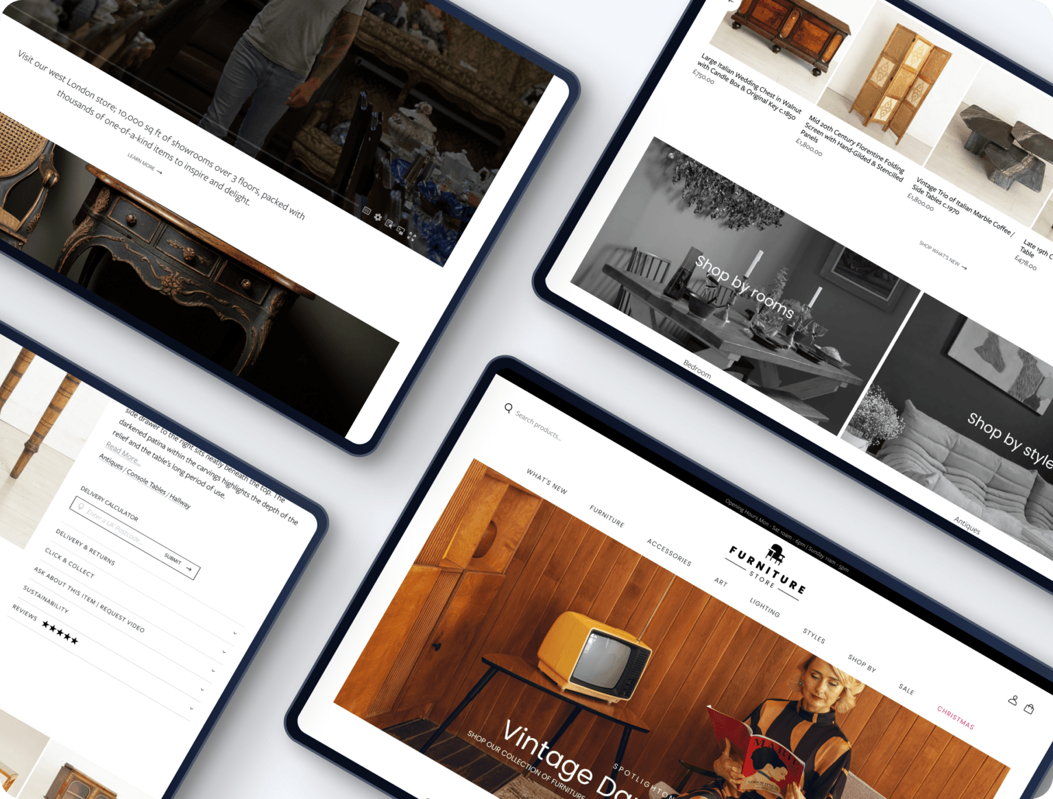 Tablets displaying vintage furniture shop websites with various product listings and categories.