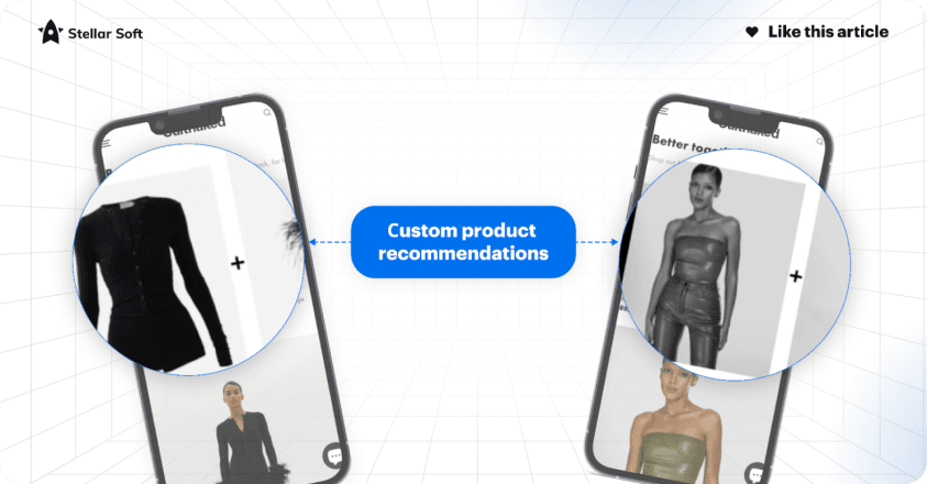 Two smartphones displaying customized fashion product recommendations on screen.