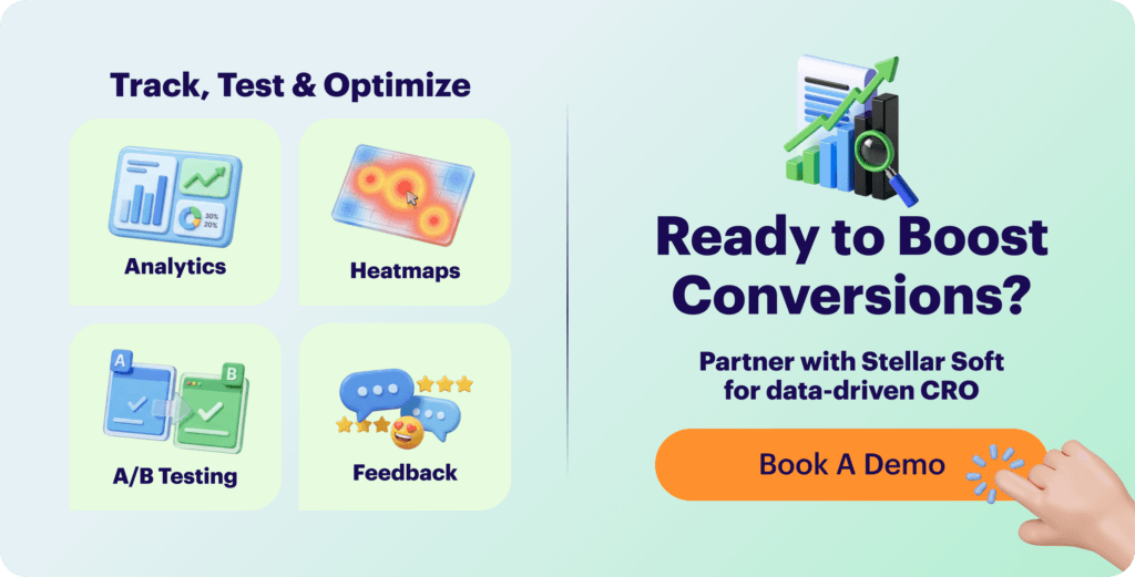 Track test optimize features analytics heatmaps A/B testing feedback. Book a demo button.