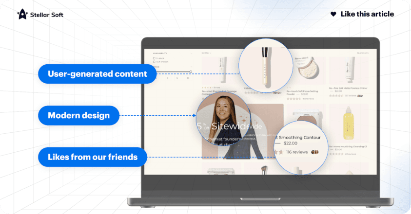 Laptop displaying e-commerce site with user-generated content, modern design, and product details.