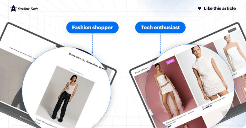 Screens showing fashion shopping and tech enthusiasm with diverse clothing styles.