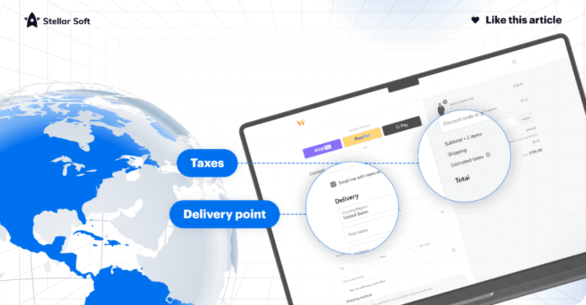 Laptop displaying online shopping cart with highlighted taxes and delivery point options.