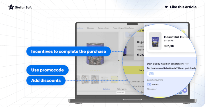 Laptop screen showing an e-commerce checkout with discount and incentive options highlighted.