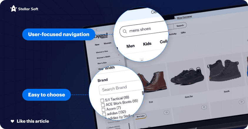Online shoe store interface with user-focused navigation and brand filter for easy selection.