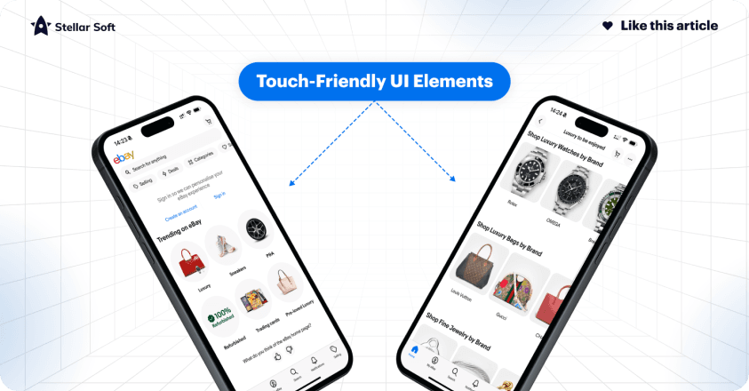 Two smartphones displaying a user interface with touch-friendly elements, including shopping and search icons.