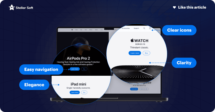 Laptop displaying Apple products website, highlighting clarity, clear icons, easy navigation, and elegance.