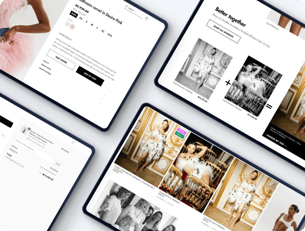 Online fashion store interface displayed on multiple tablet screens.
