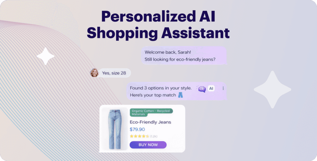 Personalized AI shopping assistant conversation showing a recommendation for eco-friendly jeans.