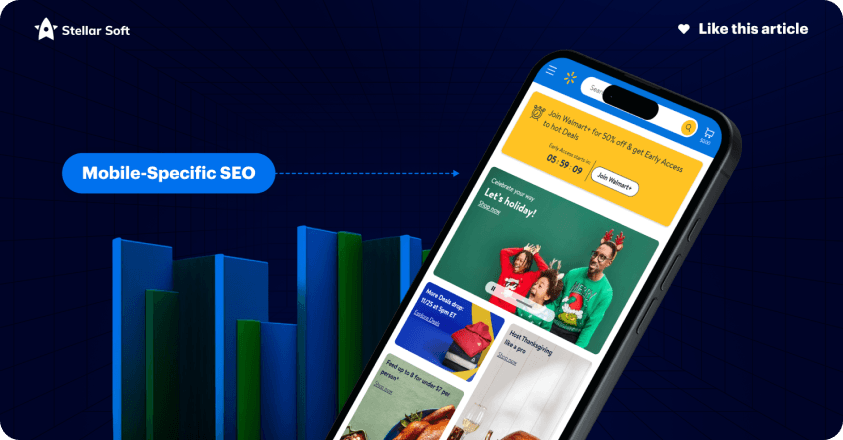 Smartphone displaying e-commerce app, emphasizing mobile-specific SEO with discount offer.
