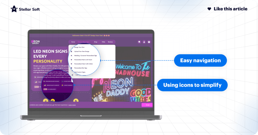 Laptop displaying a website with dropdown menu highlighting easy navigation and icon usage.
