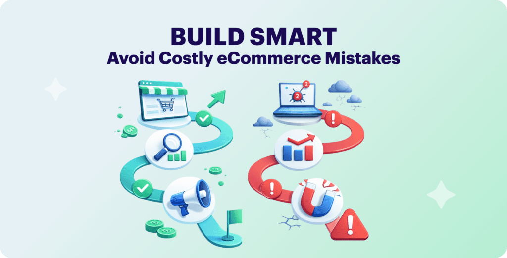 Build smart strategies to avoid common eCommerce mistakes with visual icons and graphs.