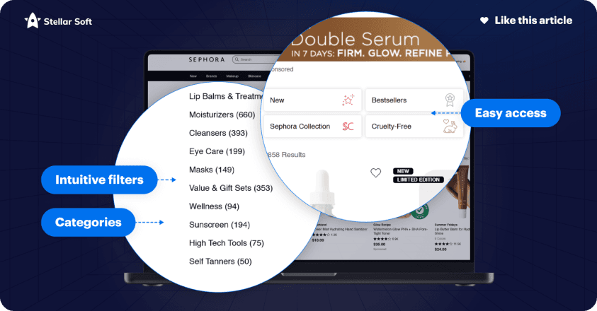 Laptop screen showing skincare product categories and intuitive filters for easy access.