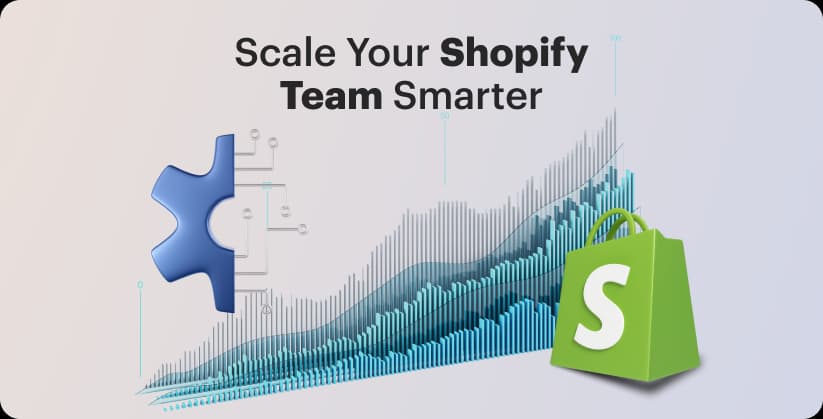 Puzzle piece and upward graphs beside Shopify shopping bag.