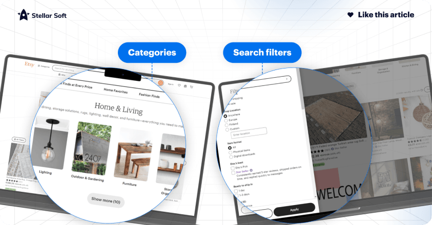 Split screen showing online store categories and search filter options.