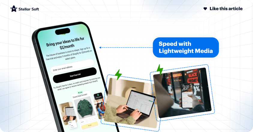 Mobile and desktop app interfaces showcasing lightweight media at Stellar Soft.