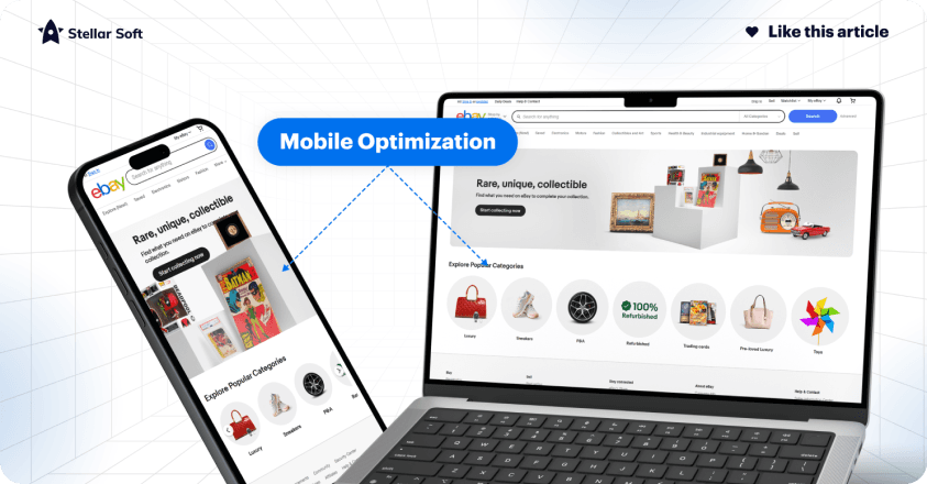Mobile and laptop screens displaying an online marketplace with diverse product categories.