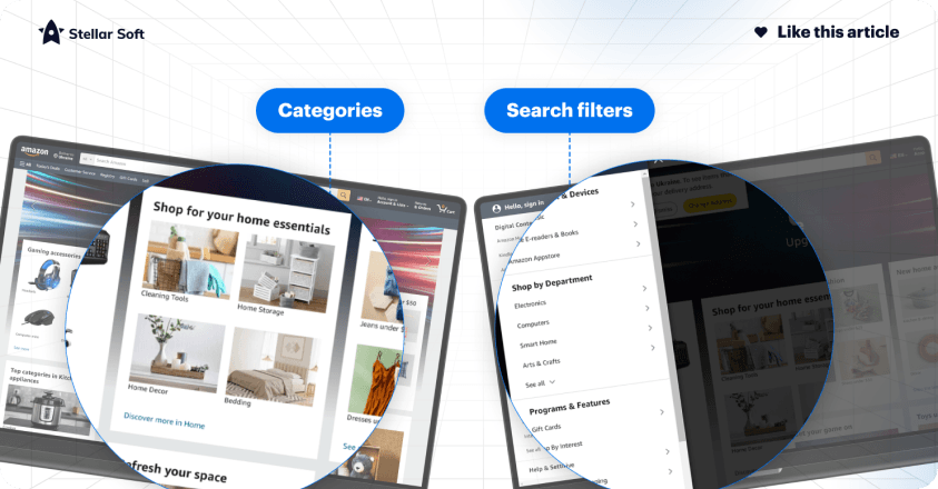Website interface showing home essentials category and search filter options.