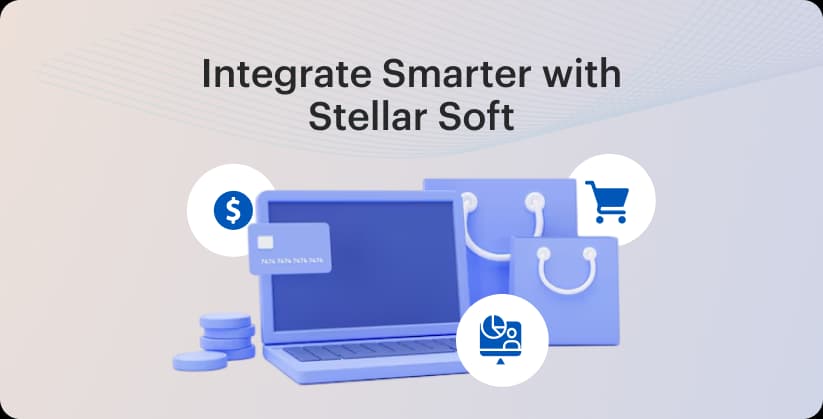 Laptop with shopping icons and text "Integrate Smarter with Stellar Soft".