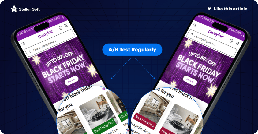 Two smartphones displaying Wayfair Black Friday sales, emphasizing A/B testing effectiveness.