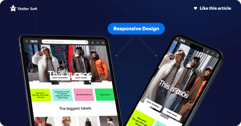 Tablets displaying ASOS website's responsive design with shopping options for men and women.