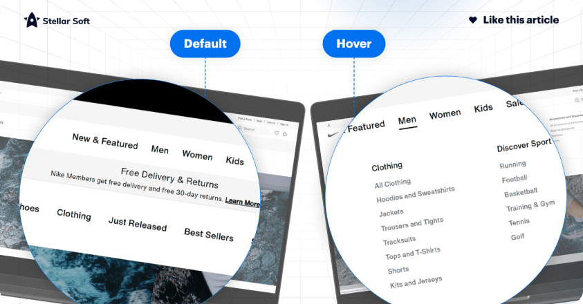 Website navigation menus showcasing default and hover effects for categories.