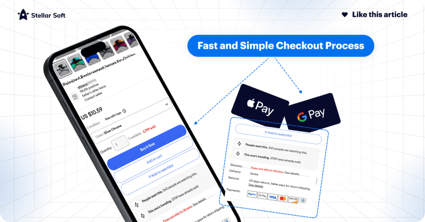 Mobile shopping checkout screen featuring Apple Pay and Google Pay options.
