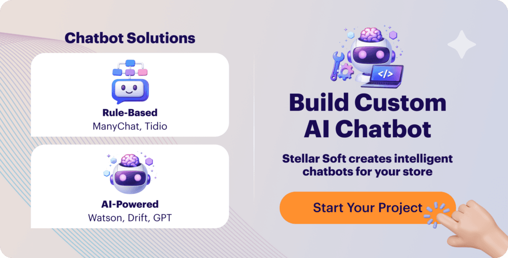 Chatbot solutions banner with AI-powered and rule-based options, featuring cute chatbot icons.