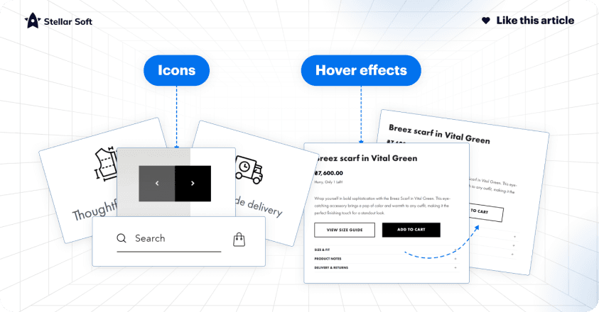 Web interface showcasing icons, hover effects, and search bar functionality.