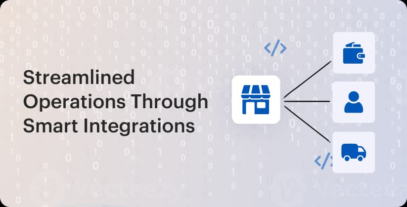 Streamlined operations graphic with icons for store, wallet, user, and delivery integration.
