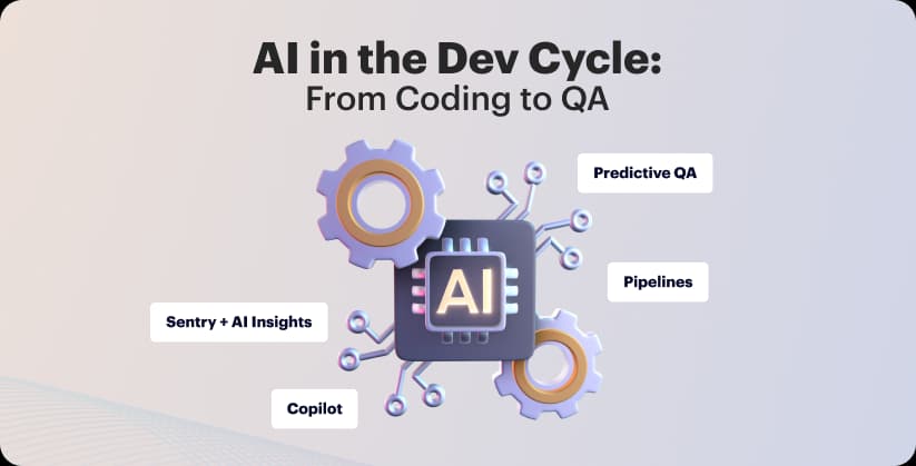 AI chip surrounded by gears with labels: Predictive QA, Pipelines, Sentry + AI Insights, Copilot.
